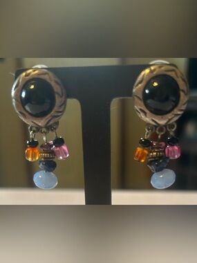 Chico's vintage clip-on Multicolor Bead Drop Earrings with Black Onyx Cabochon.